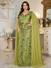 Avocado Green Floral Sequin V‑Neck Cape Sleeve Plus‑Size Mermaid Evening Gown
