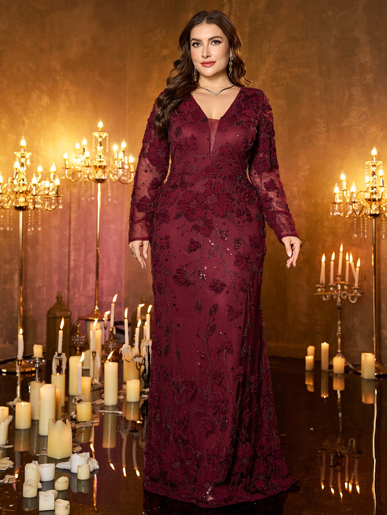Burgundy Floral Embroidery Sequin Deep‑V Long‑Sleeve Plus‑Size Mermaid Evening Gown