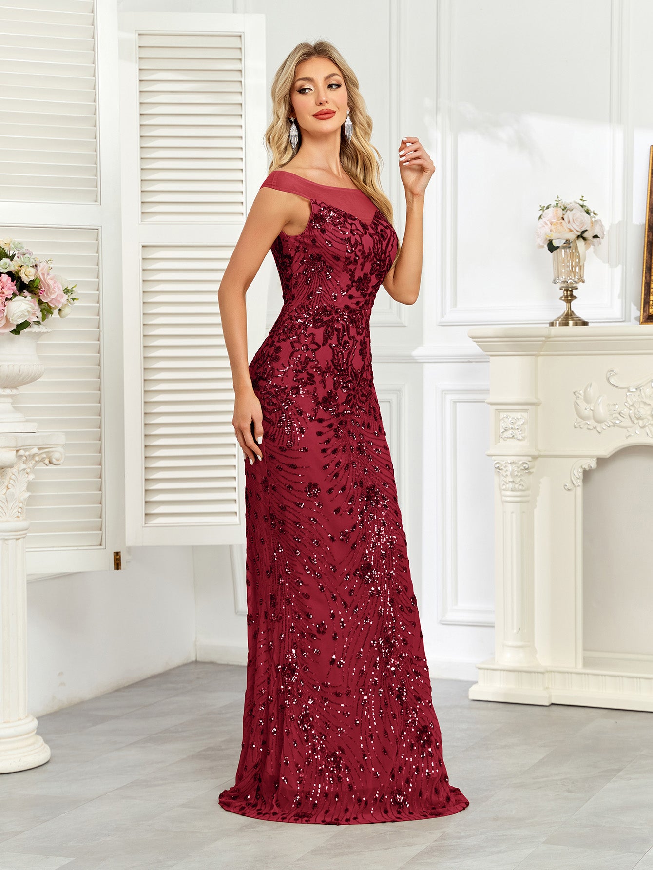 Royal Blue Sequin Off‑Shoulder Mermaid Evening Gown