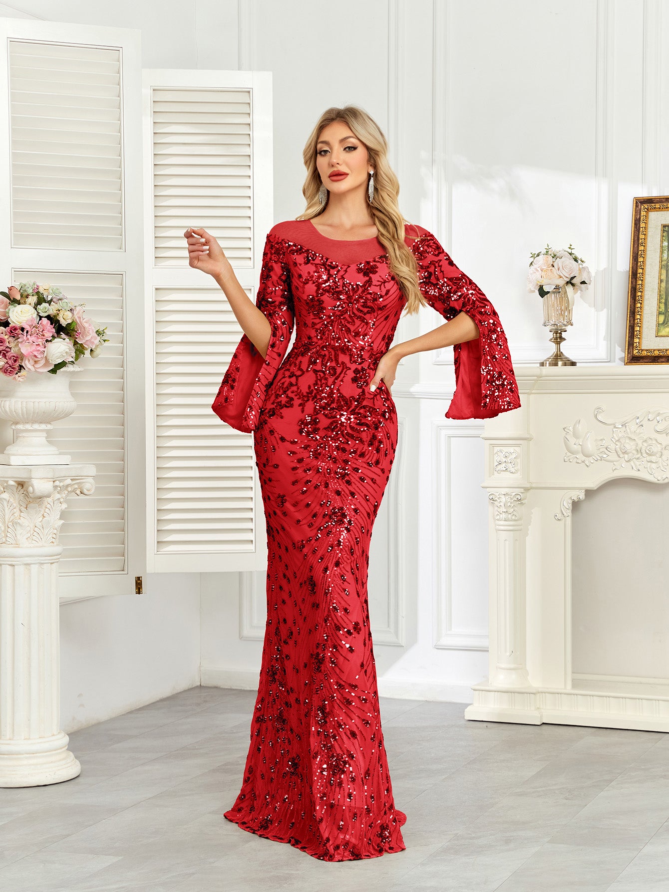 Royal Blue Sequin Split Flare‑Sleeve Mermaid Evening Gown