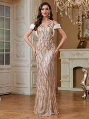 Champagne Rose Gold Wave Sequin Deep V Mermaid Formal Dress