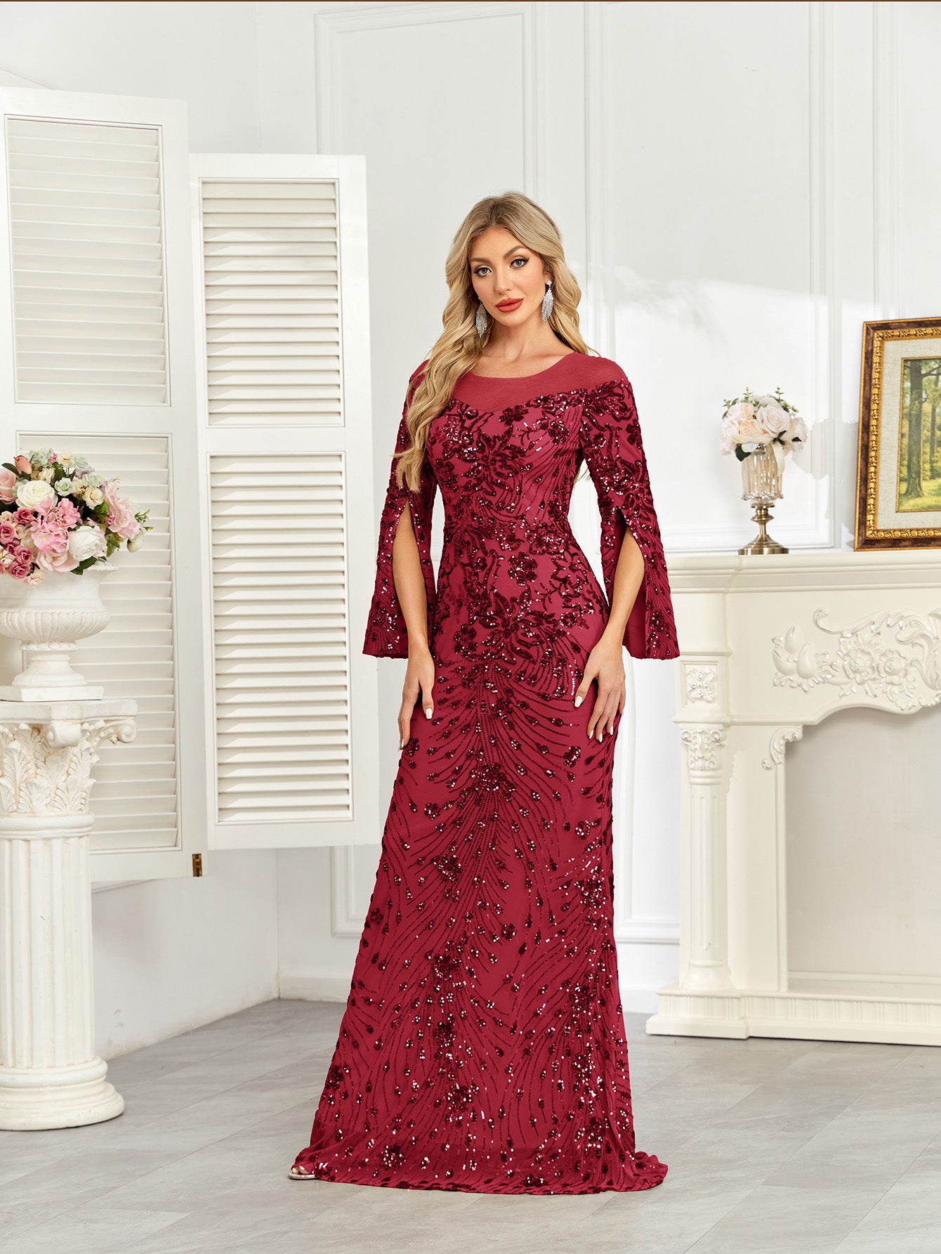 Royal Blue Sequin Split Flare‑Sleeve Mermaid Evening Gown