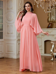 Peach Pink Rhinestone High Neck Cape Sleeve A‑Line Gown