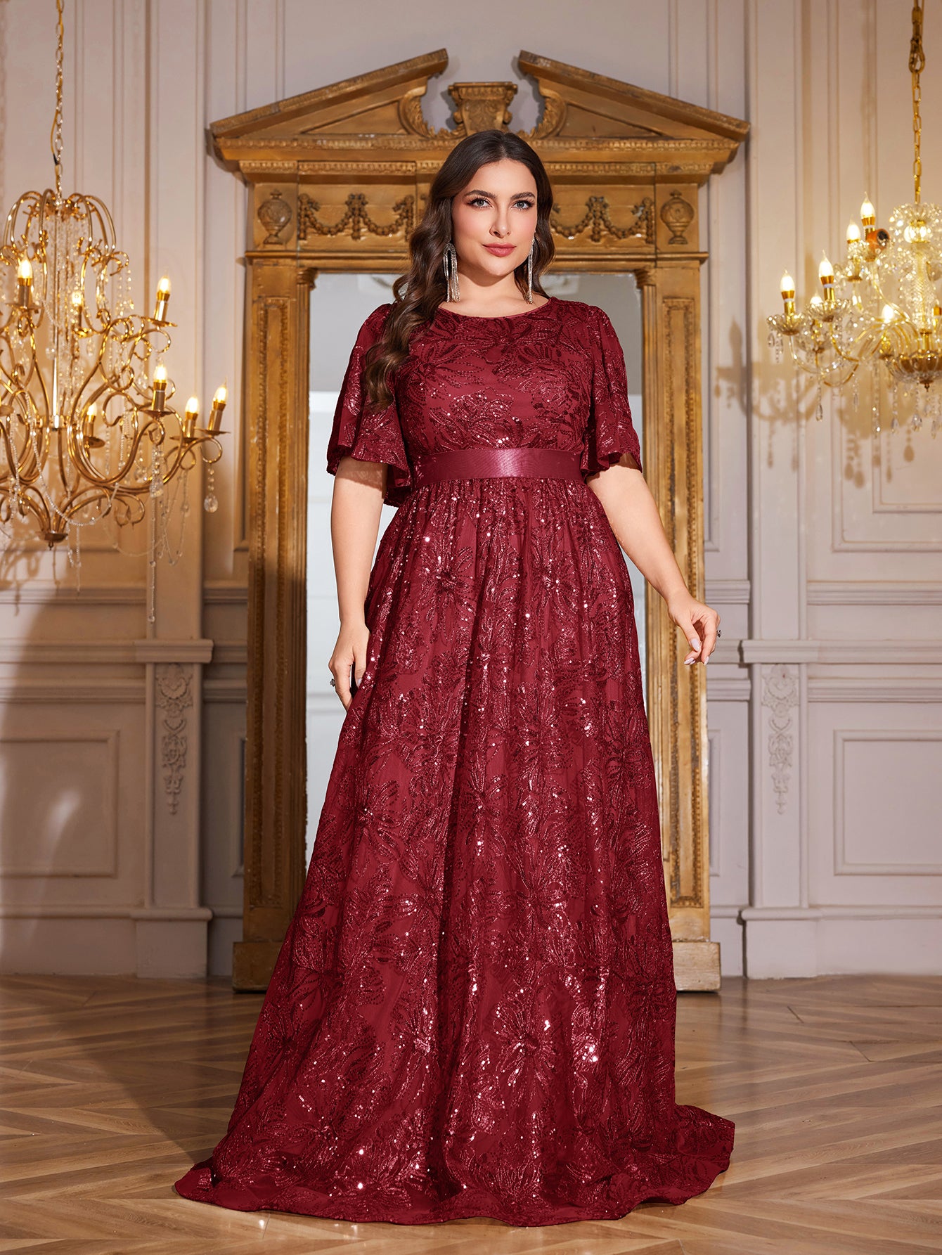 Rose Gold Sequin Flutter Sleeve Empire Waist A‑Line Plus Size Evening Gown