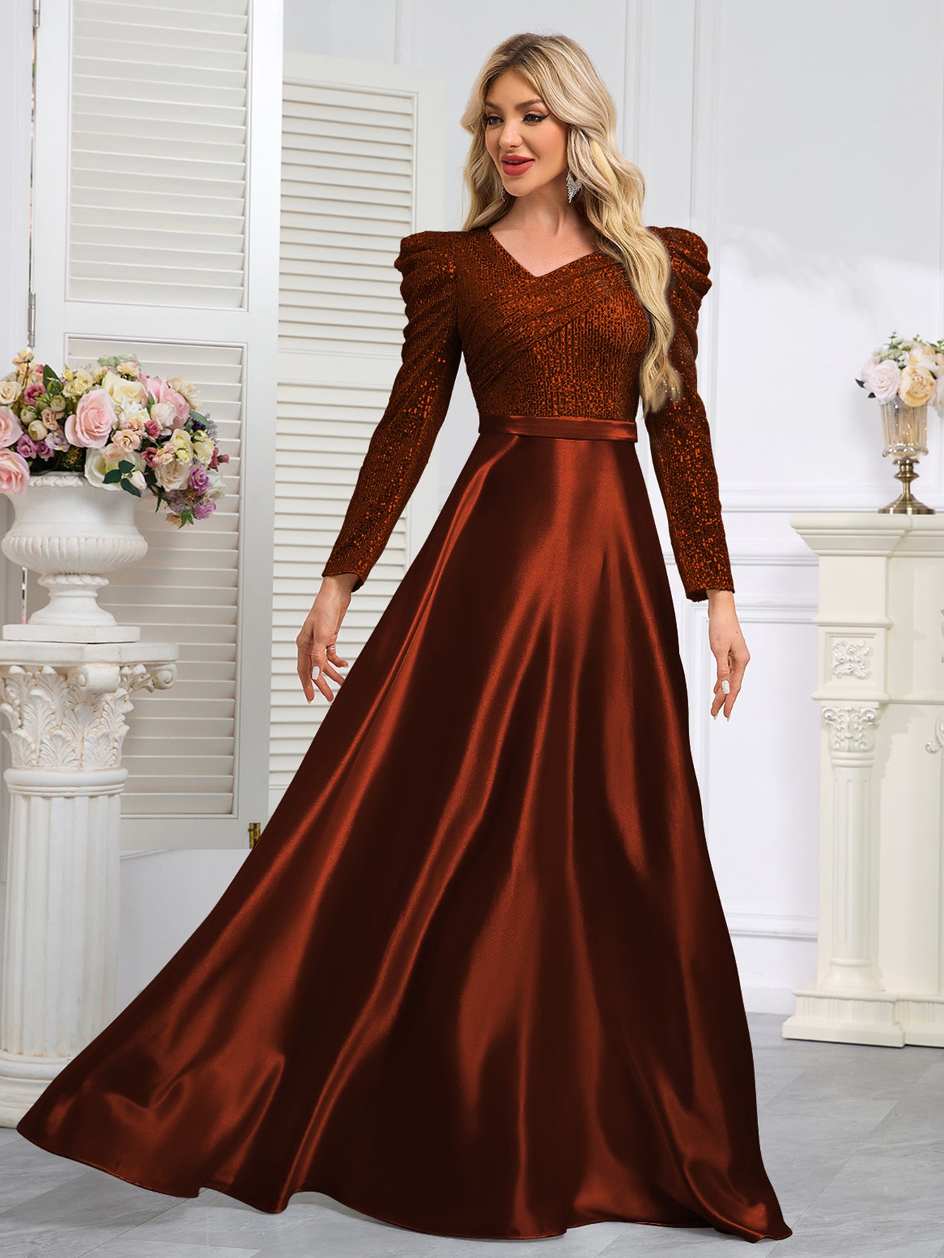 Dark Blue Satin Sequin Maxi Dress