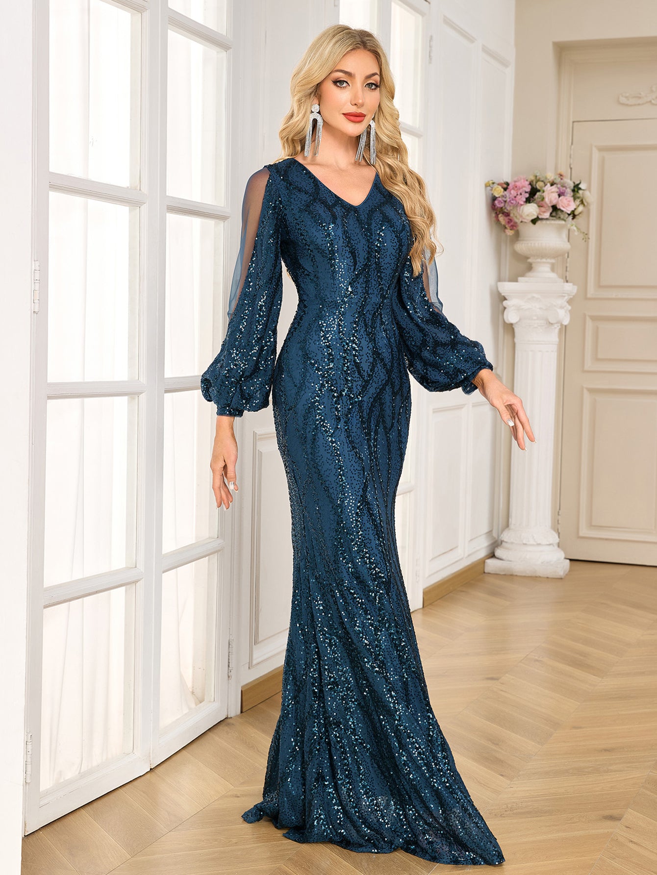 Navy Sequin Mesh Puff Sleeve Mermaid Evening Gown
