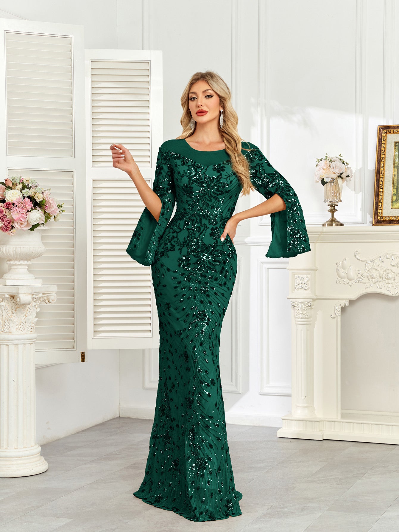 Royal Blue Sequin Split Flare‑Sleeve Mermaid Evening Gown