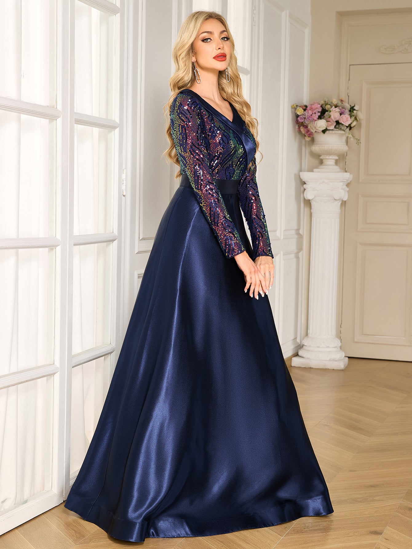 Navy Colorful Sequin Lapel V Neck Long Sleeve A-Line Floor Evening Gown