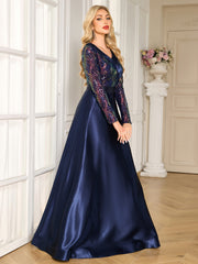 Navy Colorful Sequin Lapel V Neck Long Sleeve A-Line Floor Evening Gown