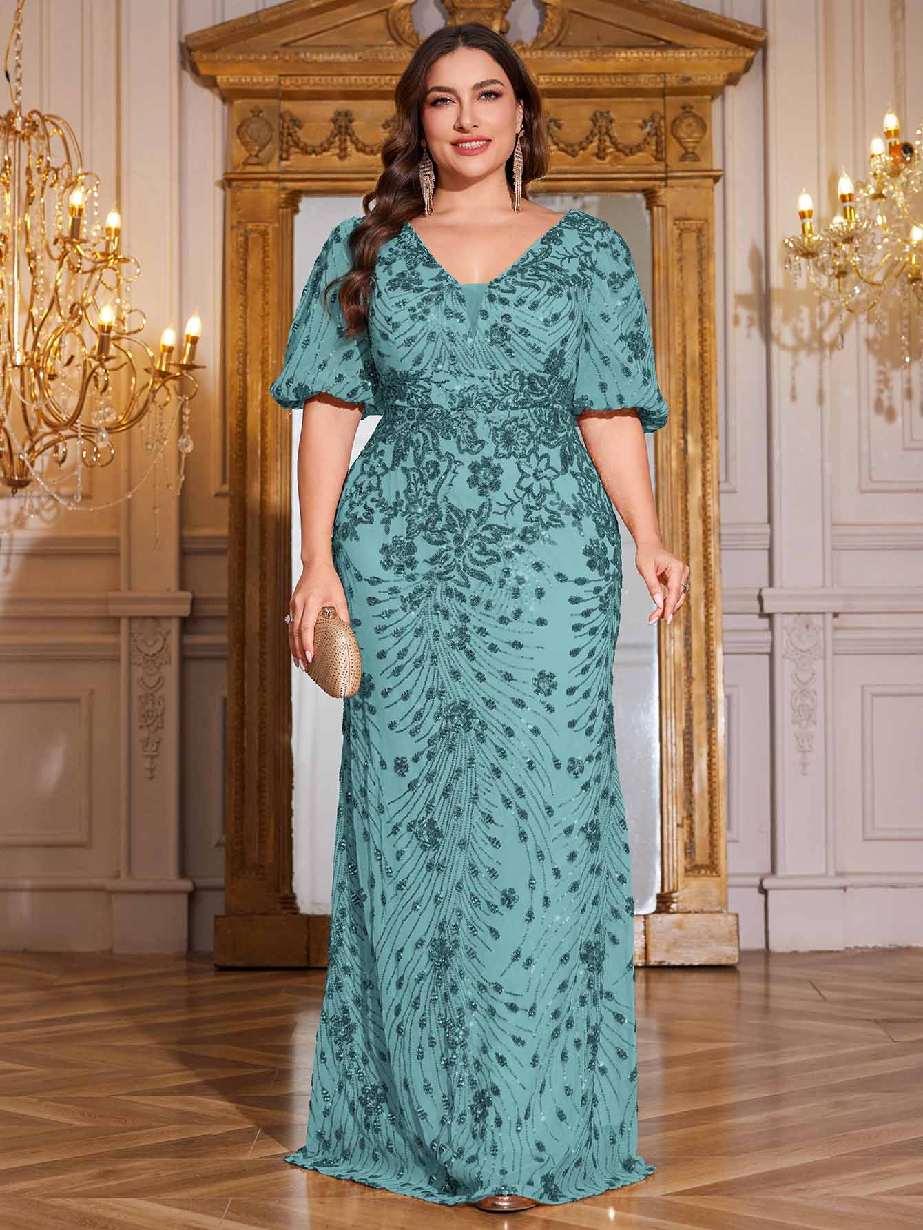 Navy Blue Sequin Puff Short Sleeve Mermaid Plus Size Evening Gown
