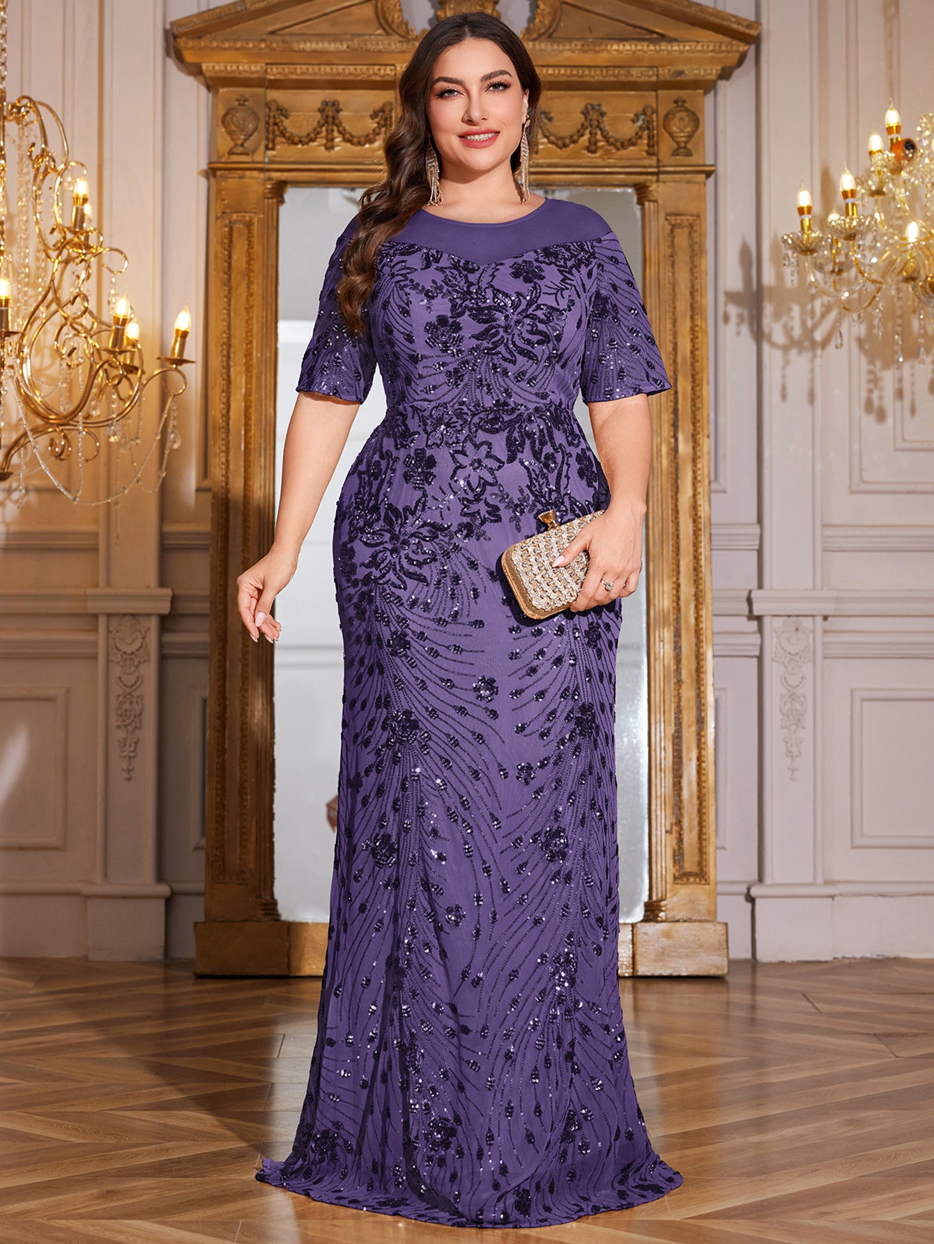 Teal Green Sequin Short Sleeve Mermaid Plus Size Evening Gown