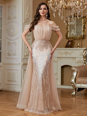 Nude Champagne Ruffle Off‑Shoulder Mermaid Evening Gown