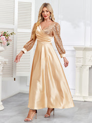 Champagne Satin Sequin Lantern Sleeve A‑Line Evening Gown