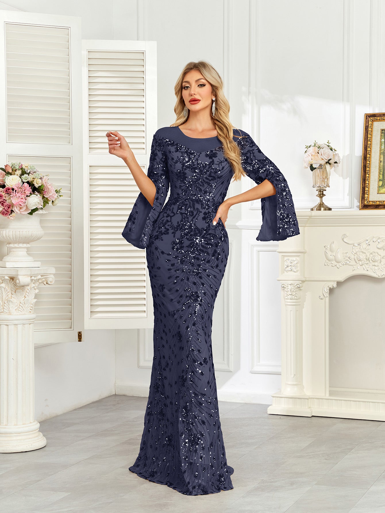 Royal Blue Sequin Split Flare‑Sleeve Mermaid Evening Gown