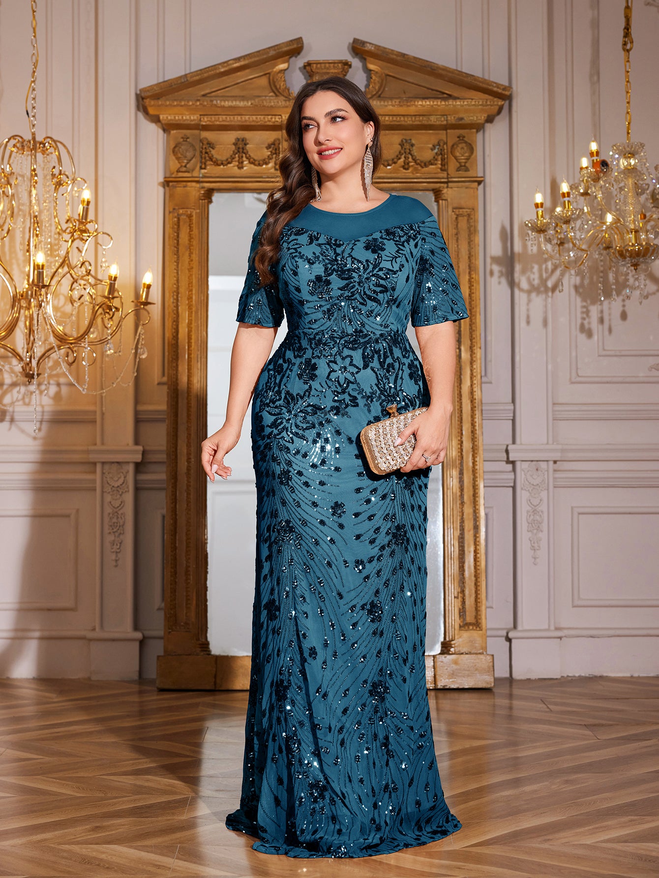 Teal Green Sequin Short Sleeve Mermaid Plus Size Evening Gown