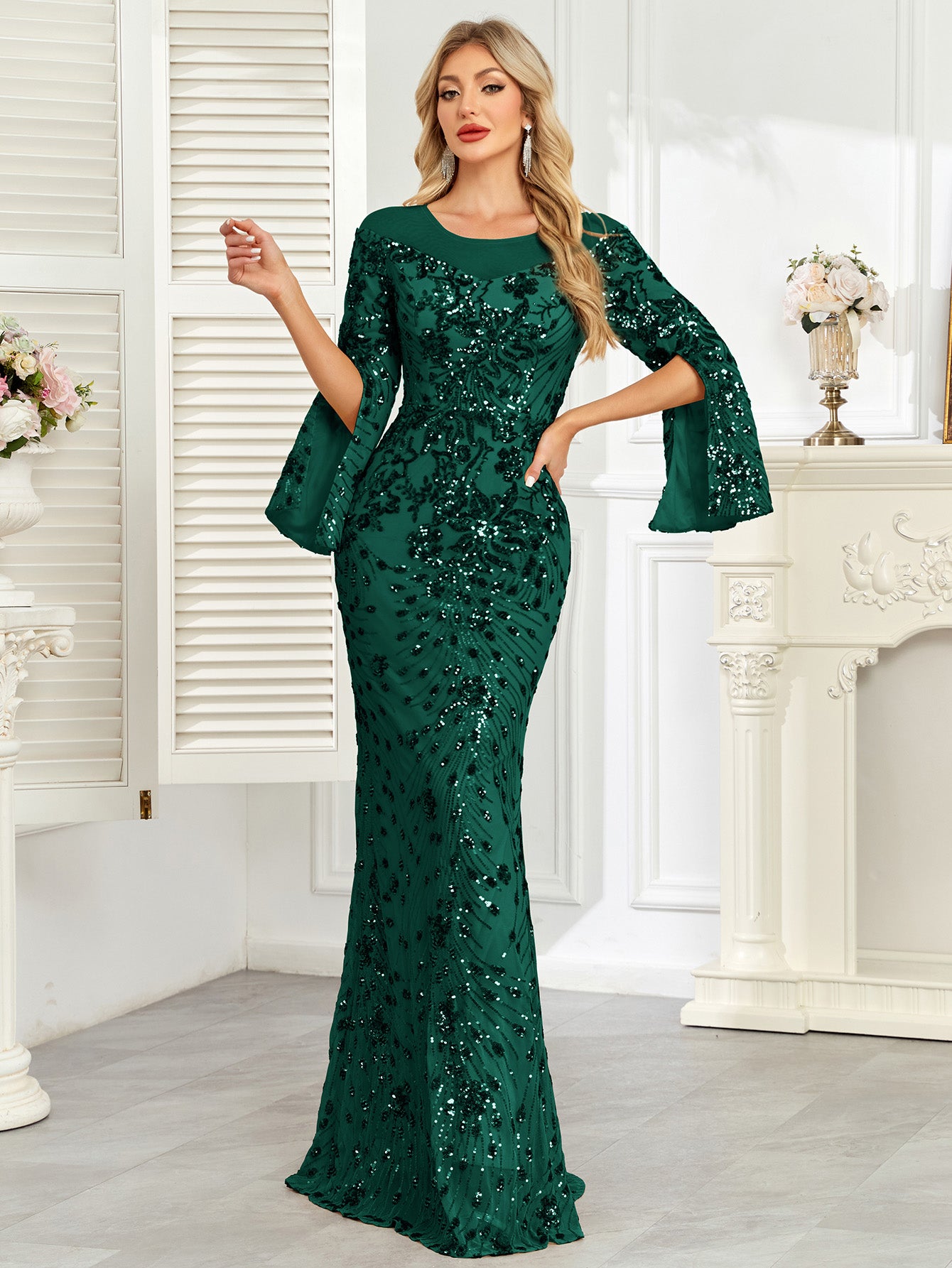 Royal Blue Sequin Split Flare‑Sleeve Mermaid Evening Gown