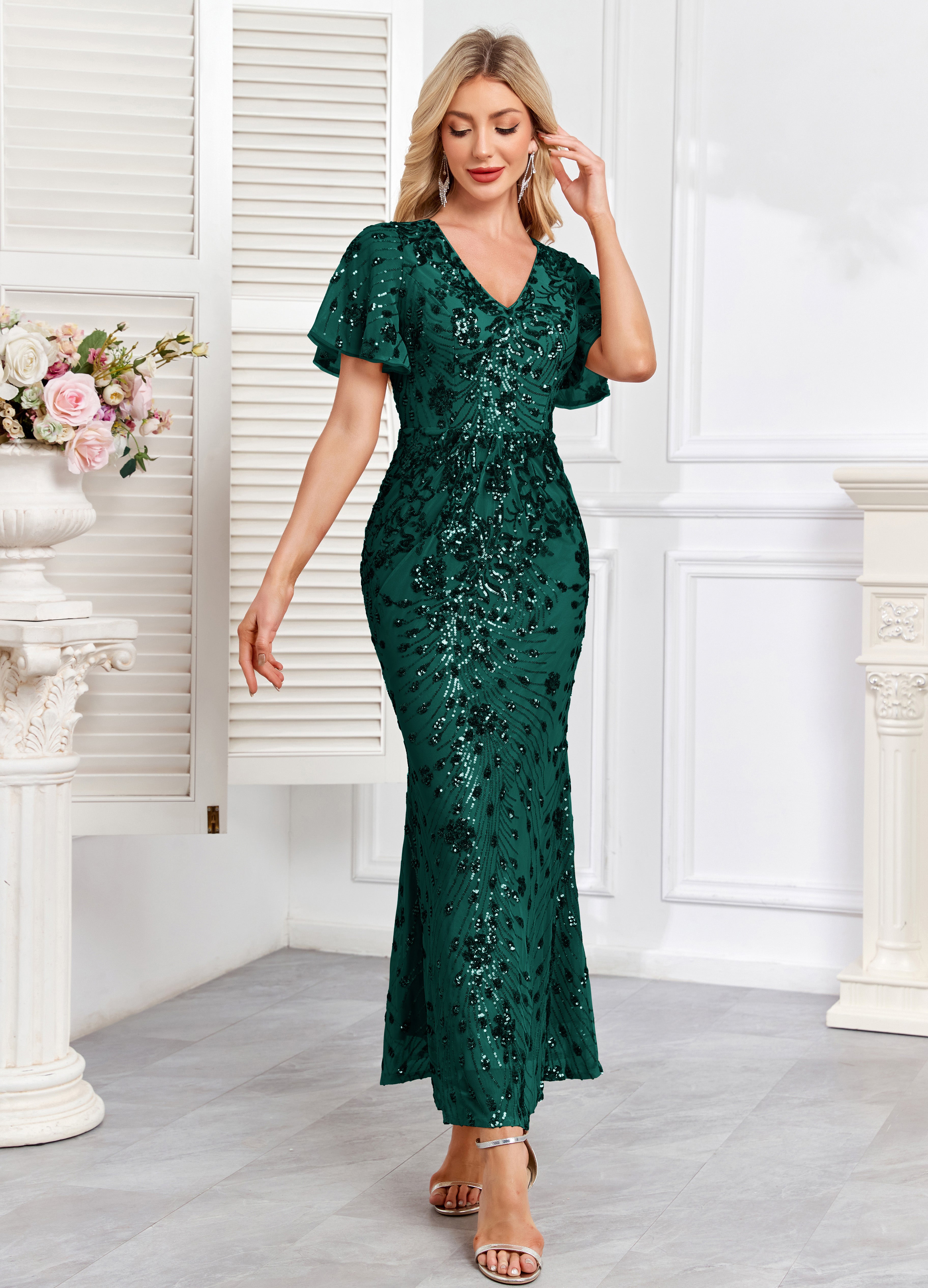 Champagne Gold Sequin Short Sleeve V Neck Midi Mermaid Evening Dress