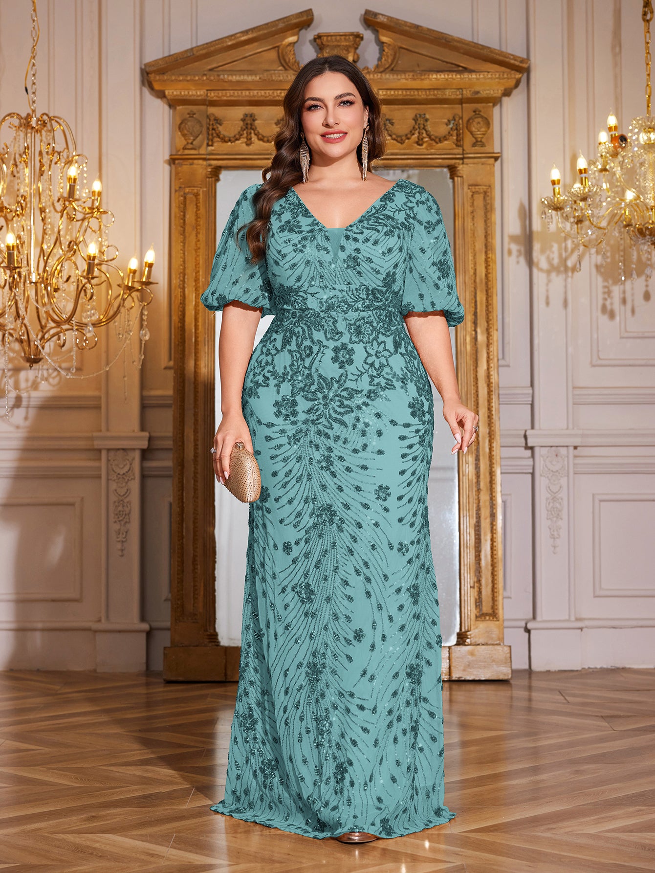 Navy Blue Sequin Puff Short Sleeve Mermaid Plus Size Evening Gown