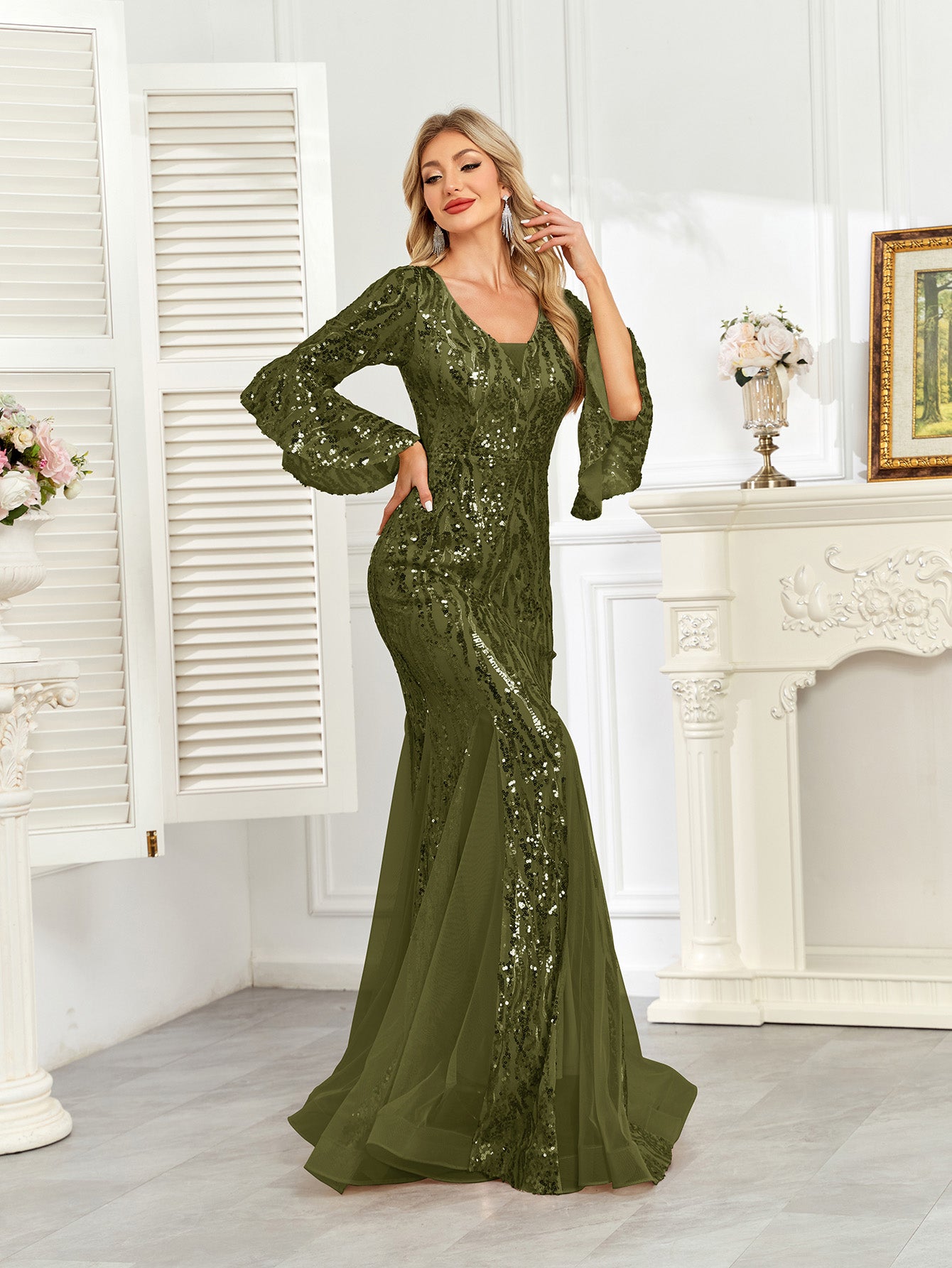 Champagne Gold Sequin Bell Sleeve Mermaid Evening Gown