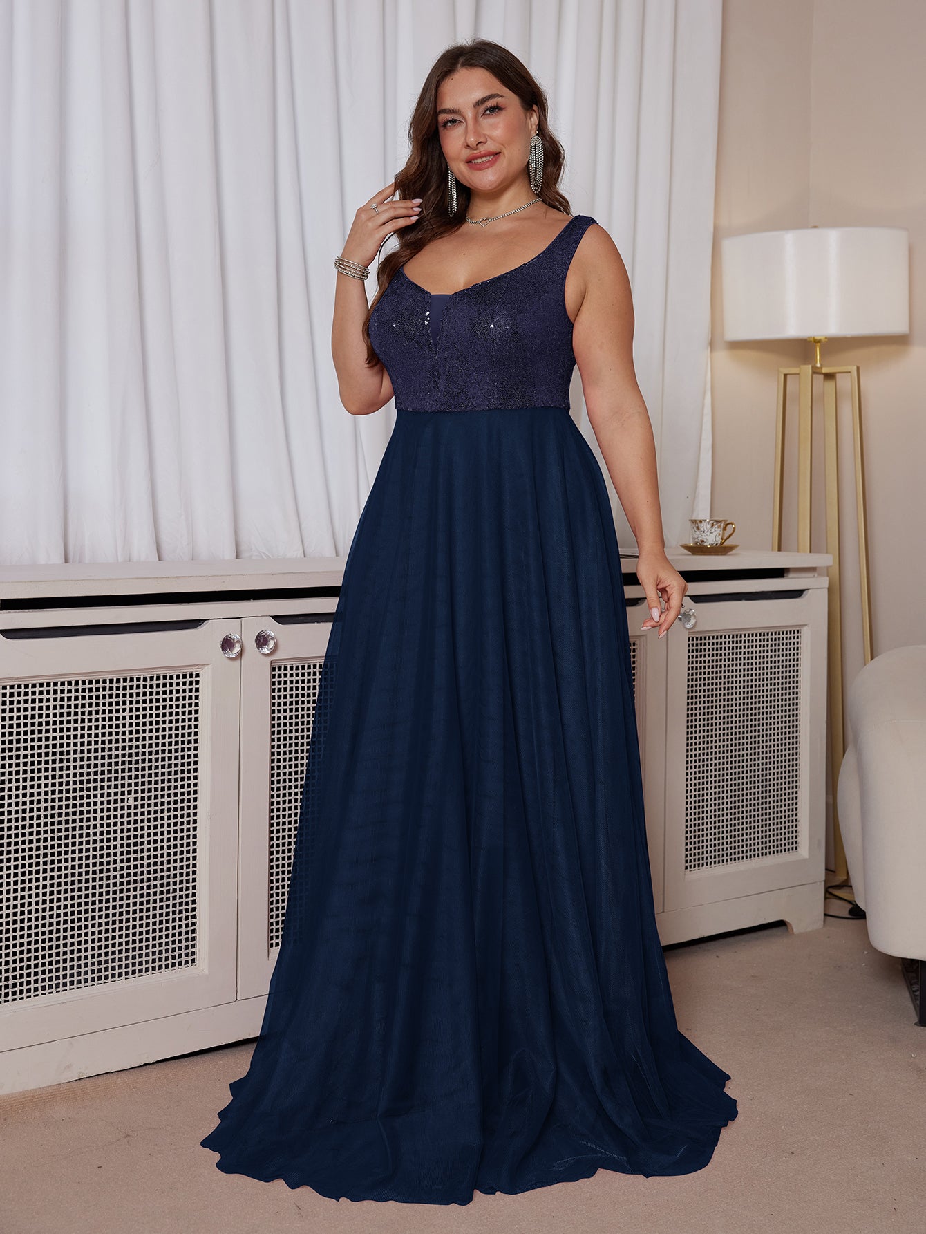 Dusty Rose Sequin Bodice A Line Plus Size Evening Gown