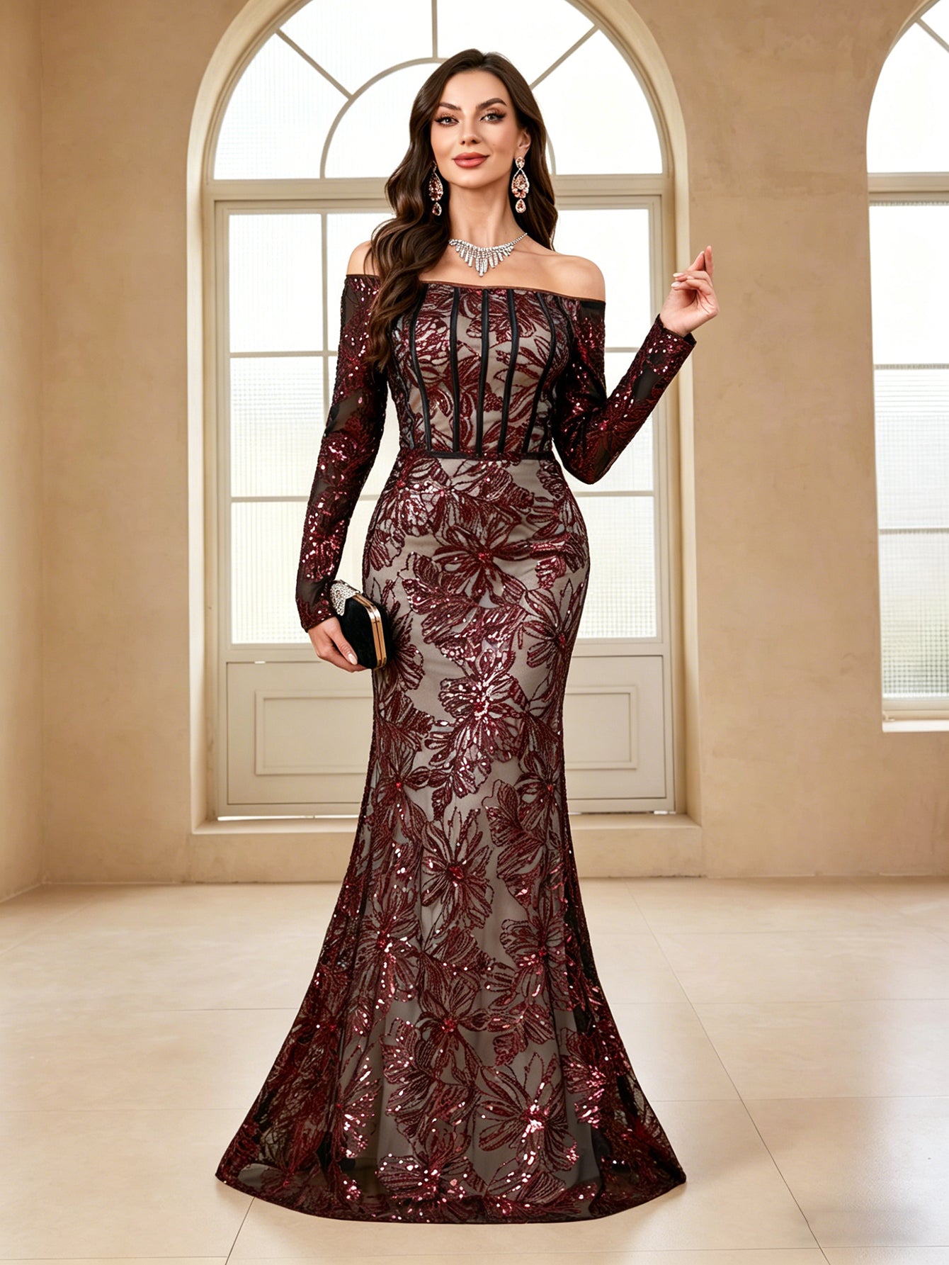 Tailored Off Shoulder Sequin Embroidered Long Dress