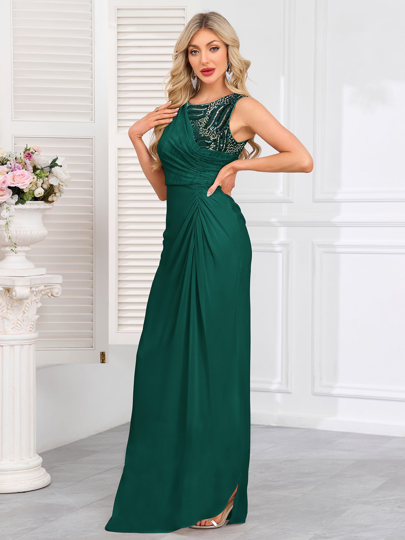 Champagne Gold Ruched Sequin Maxi Evening Gown