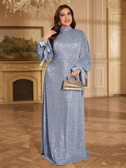 Champagne Bronze Floral Sequin Asymmetric Sleeve Mermaid Evening Gown