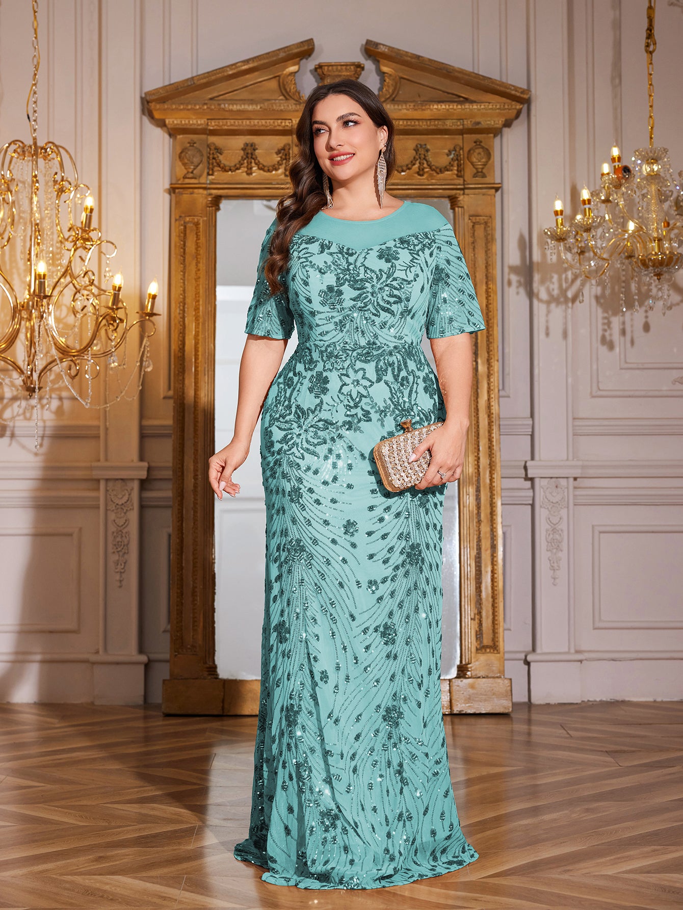 Teal Green Sequin Short Sleeve Mermaid Plus Size Evening Gown