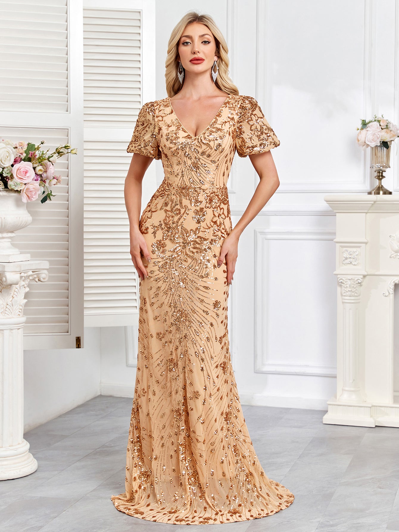 Champagne Gold Sequin Embellished V-Neck Mermaid Evening Gown