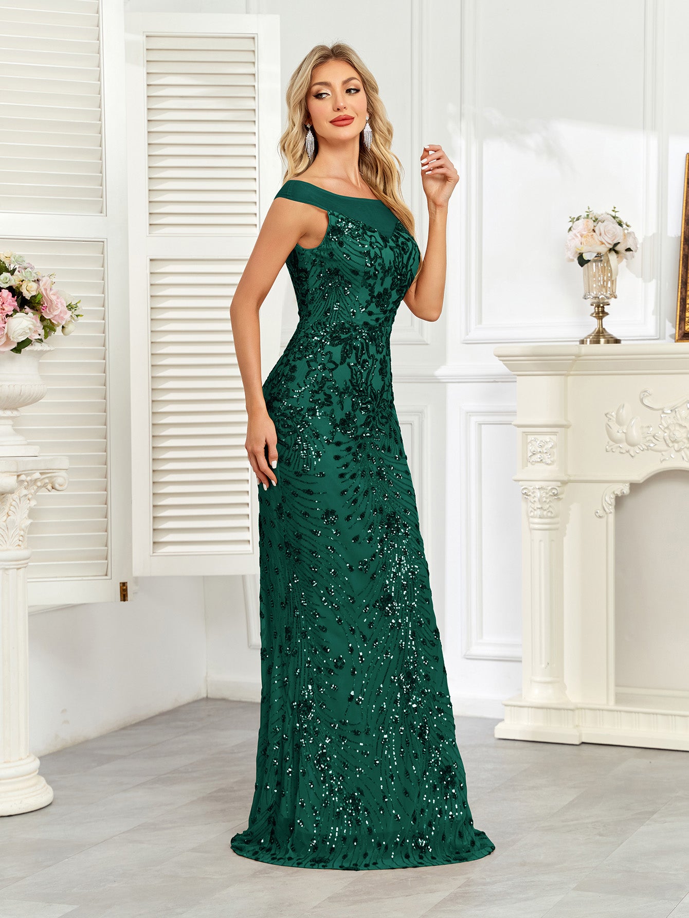 Royal Blue Sequin Off‑Shoulder Mermaid Evening Gown
