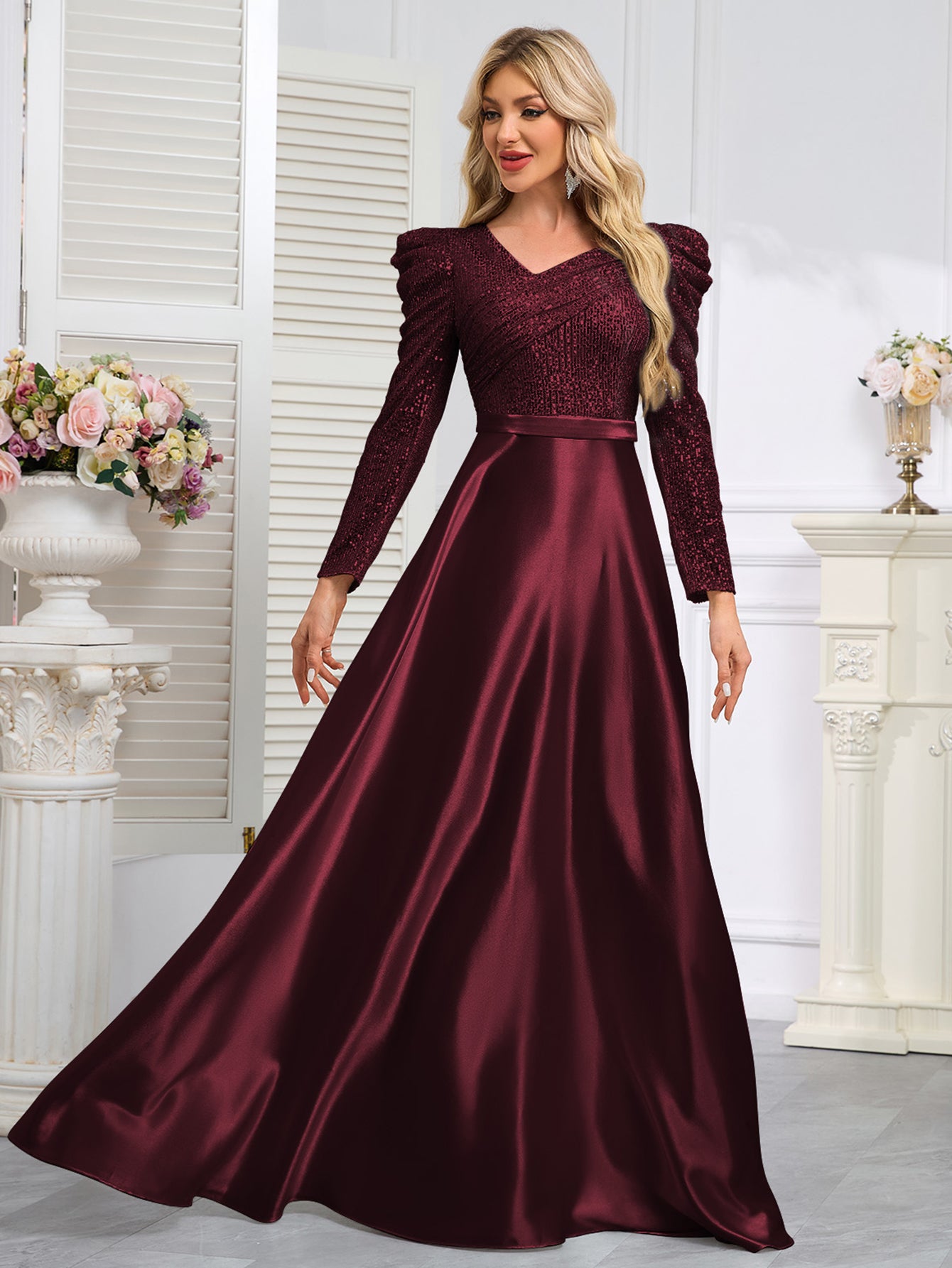 Dark Blue Satin Sequin Maxi Dress
