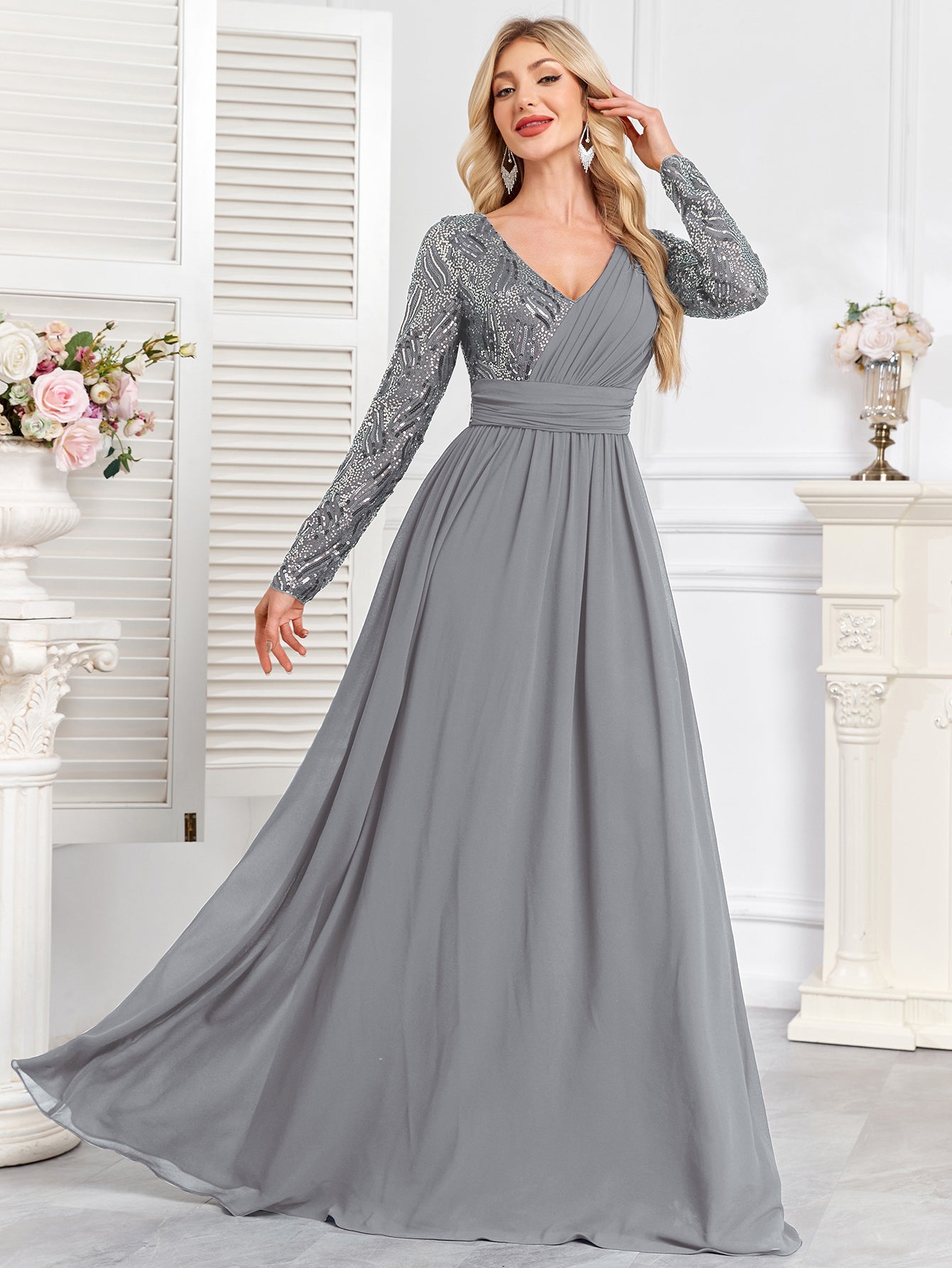 Navy Blue Multicolor Sequin Long Sleeve A‑Line Evening Gown