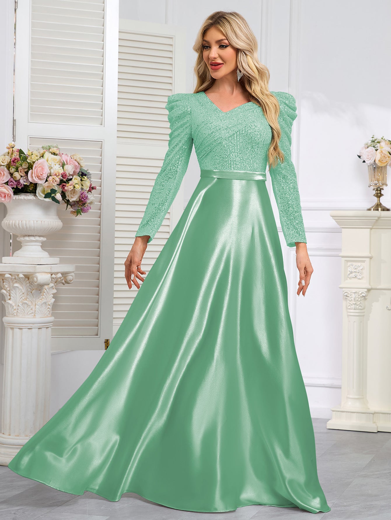 Dark Blue Satin Sequin Maxi Dress