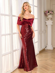 Burgundy Satin Fold Off Shoulder Sequin Mermaid Evening Gown