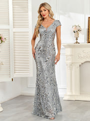 Silver Grey Sequin Cap‑Sleeve Mermaid Evening Gown