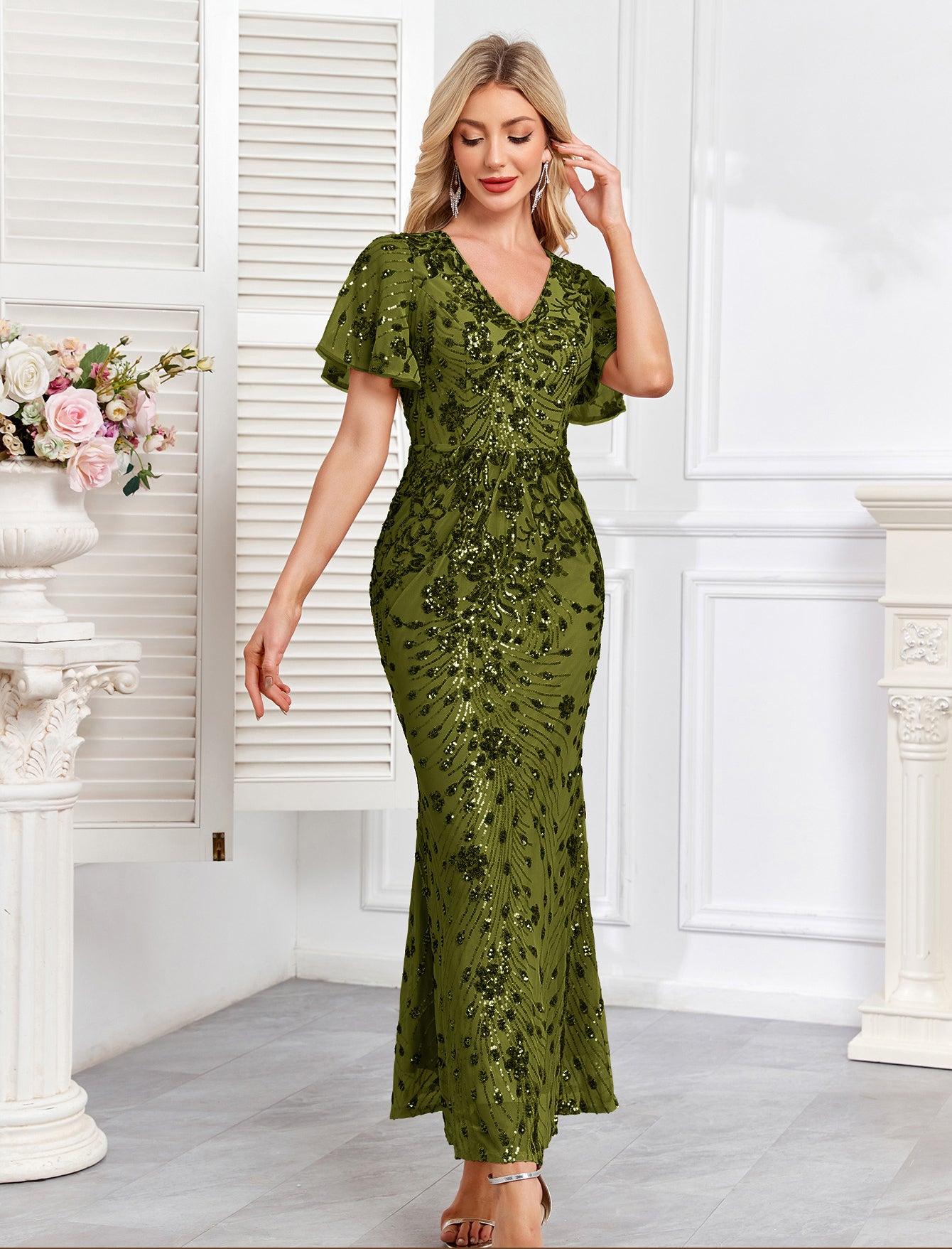 Champagne Gold Sequin Short Sleeve V Neck Midi Mermaid Evening Dress