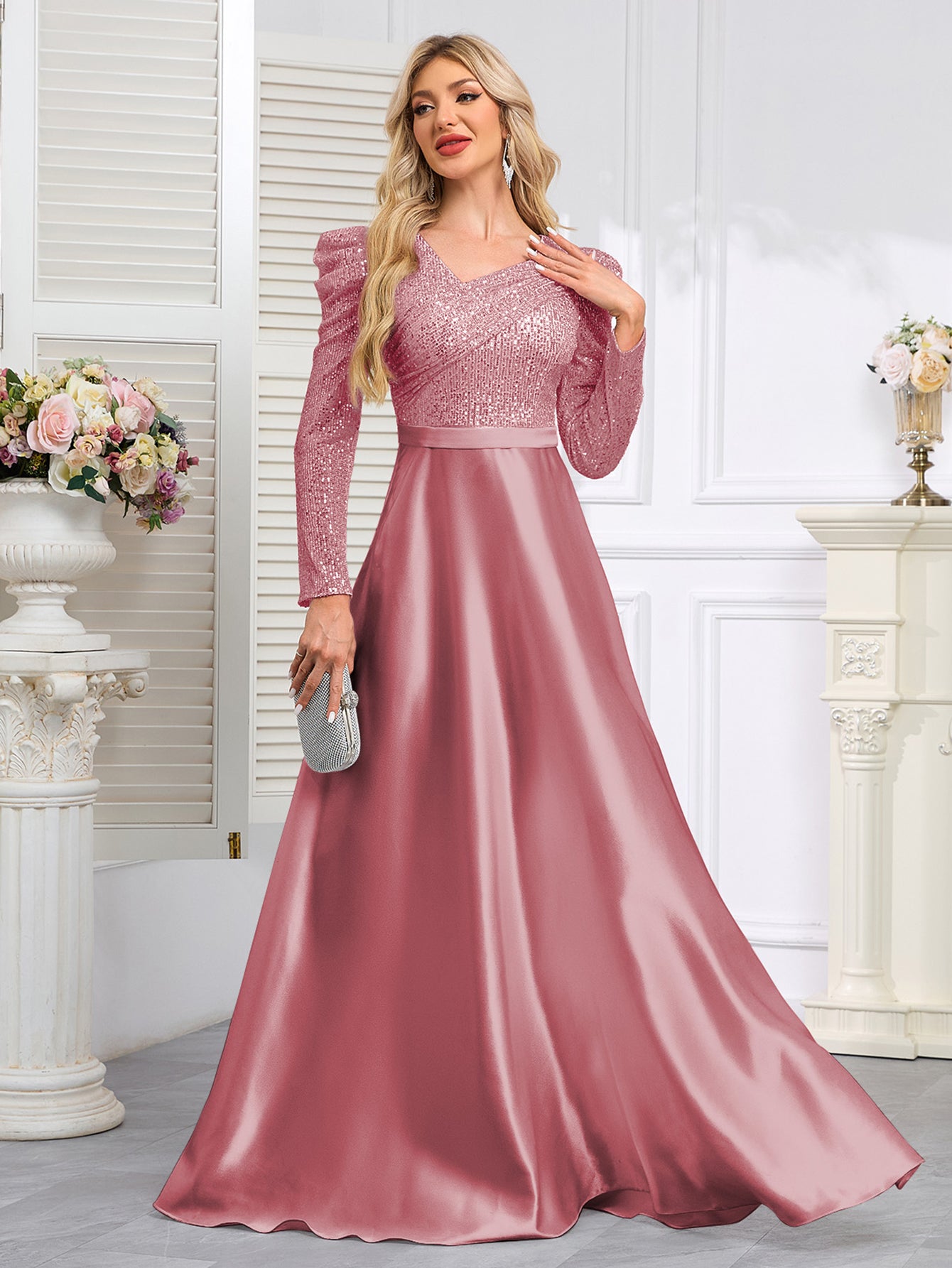 Dark Blue Satin Sequin Maxi Dress