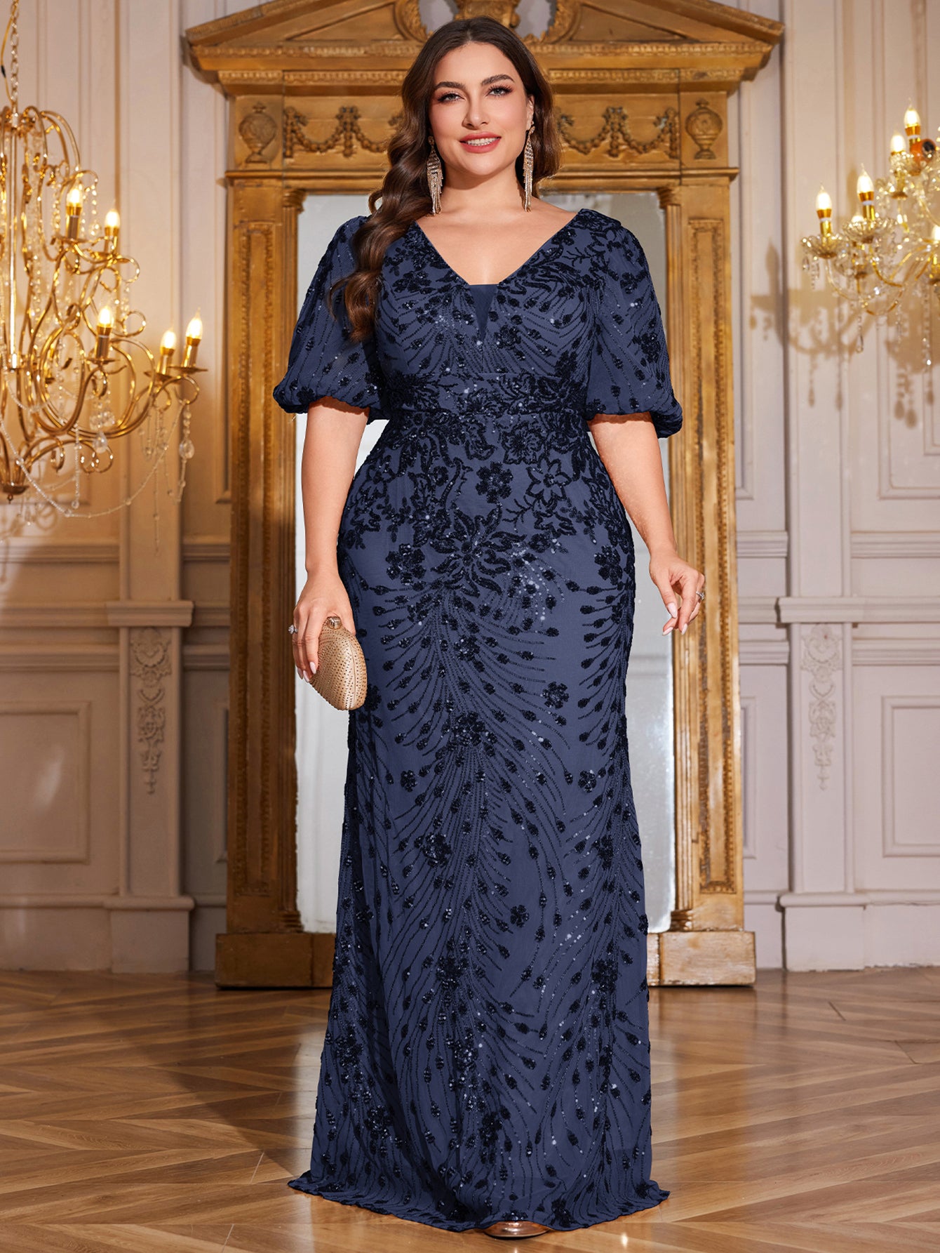 Navy Blue Sequin Puff Short Sleeve Mermaid Plus Size Evening Gown