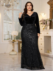 Black Velvet Top Sequin Skirt V‑Neck Plus‑Size Mermaid Formal Dress