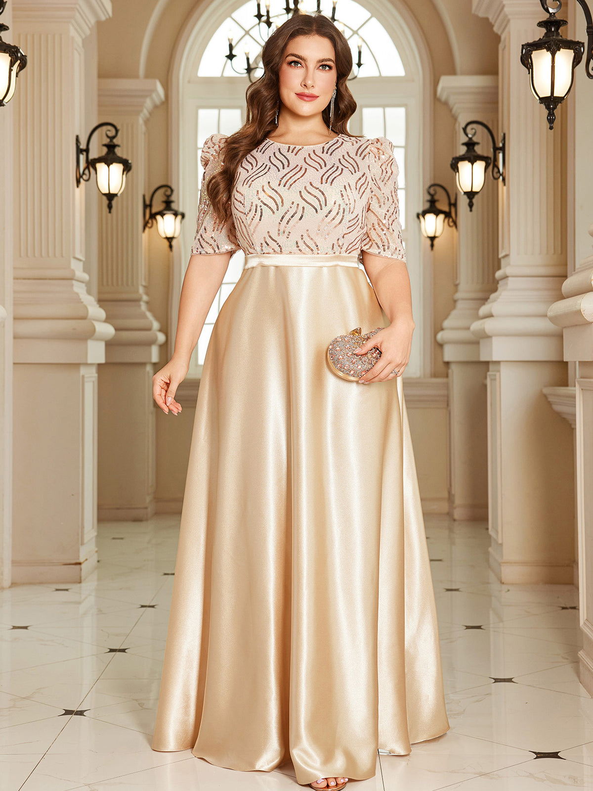 Champagne Gold Sequin Puff Sleeve High‑Waist A‑Line Maxi Gown