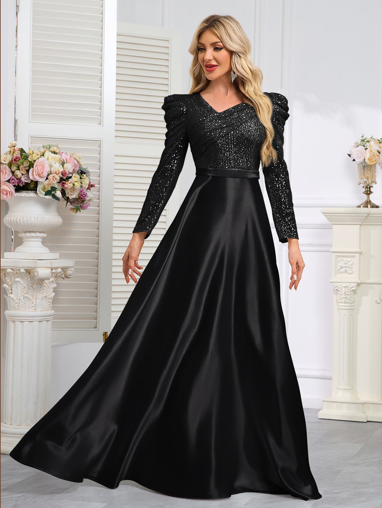 Dark Blue Satin Sequin Maxi Dress