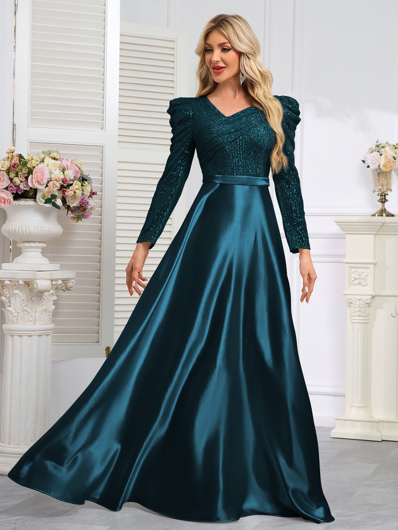 Dark Blue Satin Sequin Maxi Dress