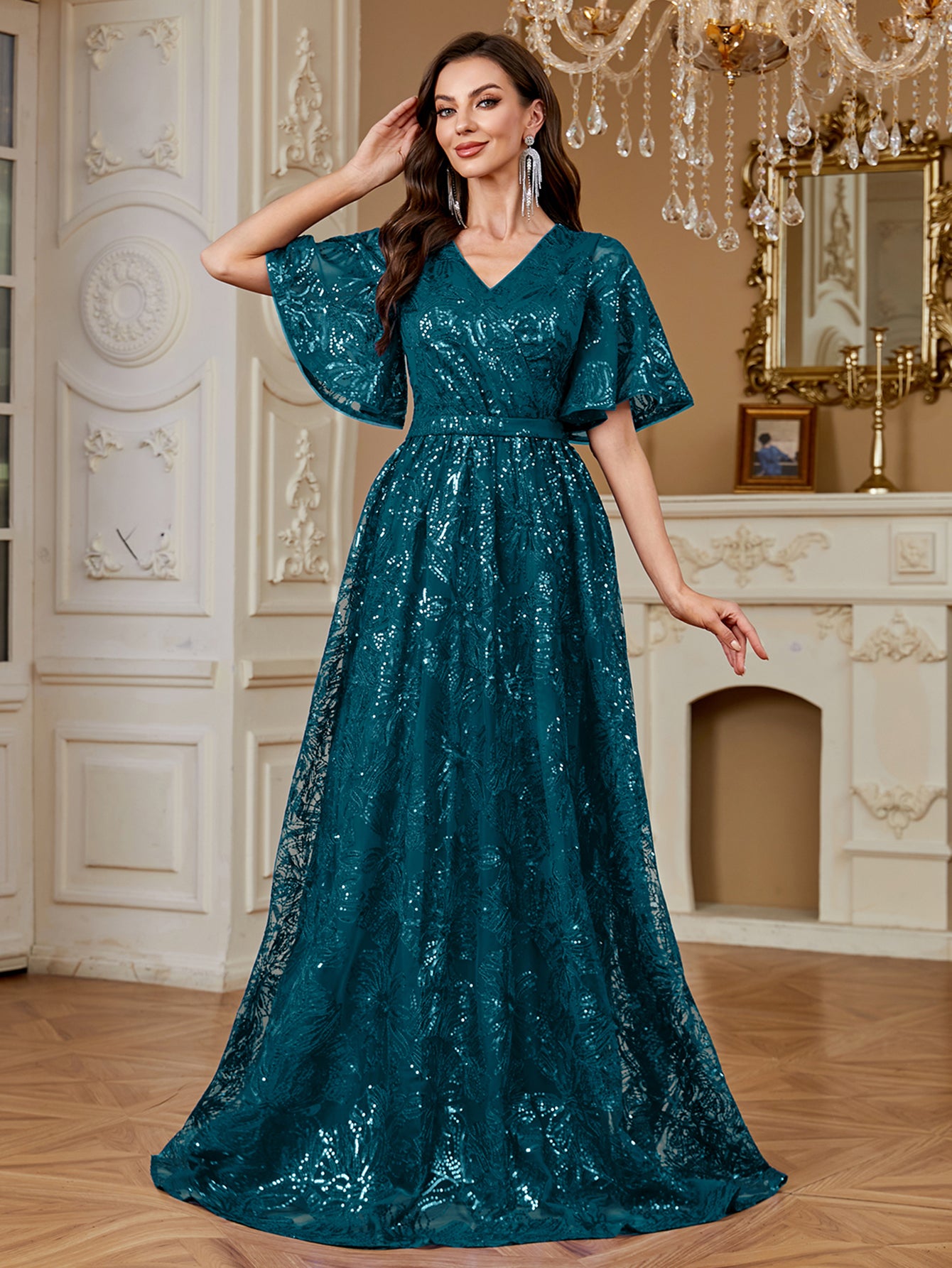 Elegant Formal Party Embroidered Sequin Long Dress