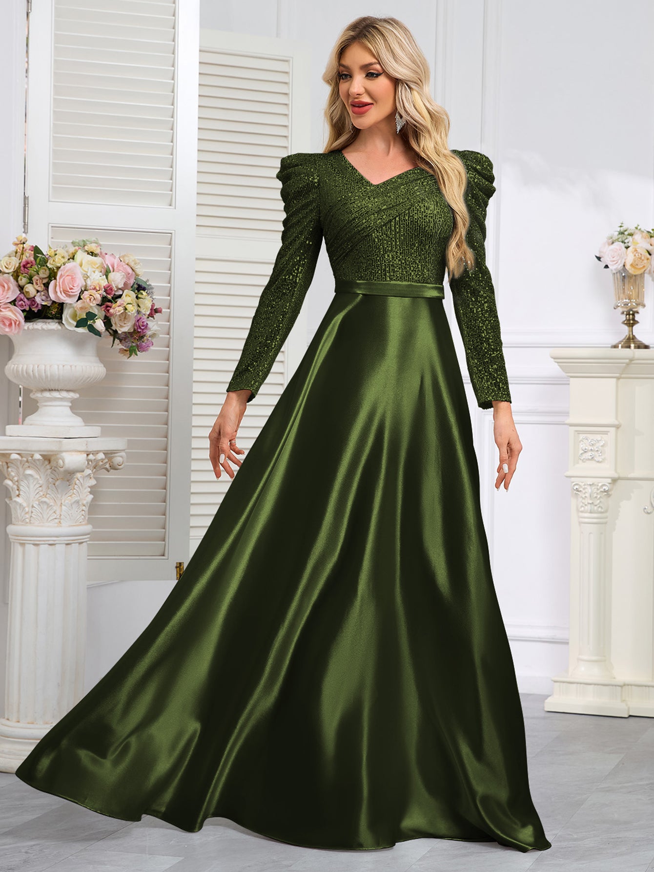 Dark Blue Satin Sequin Maxi Dress
