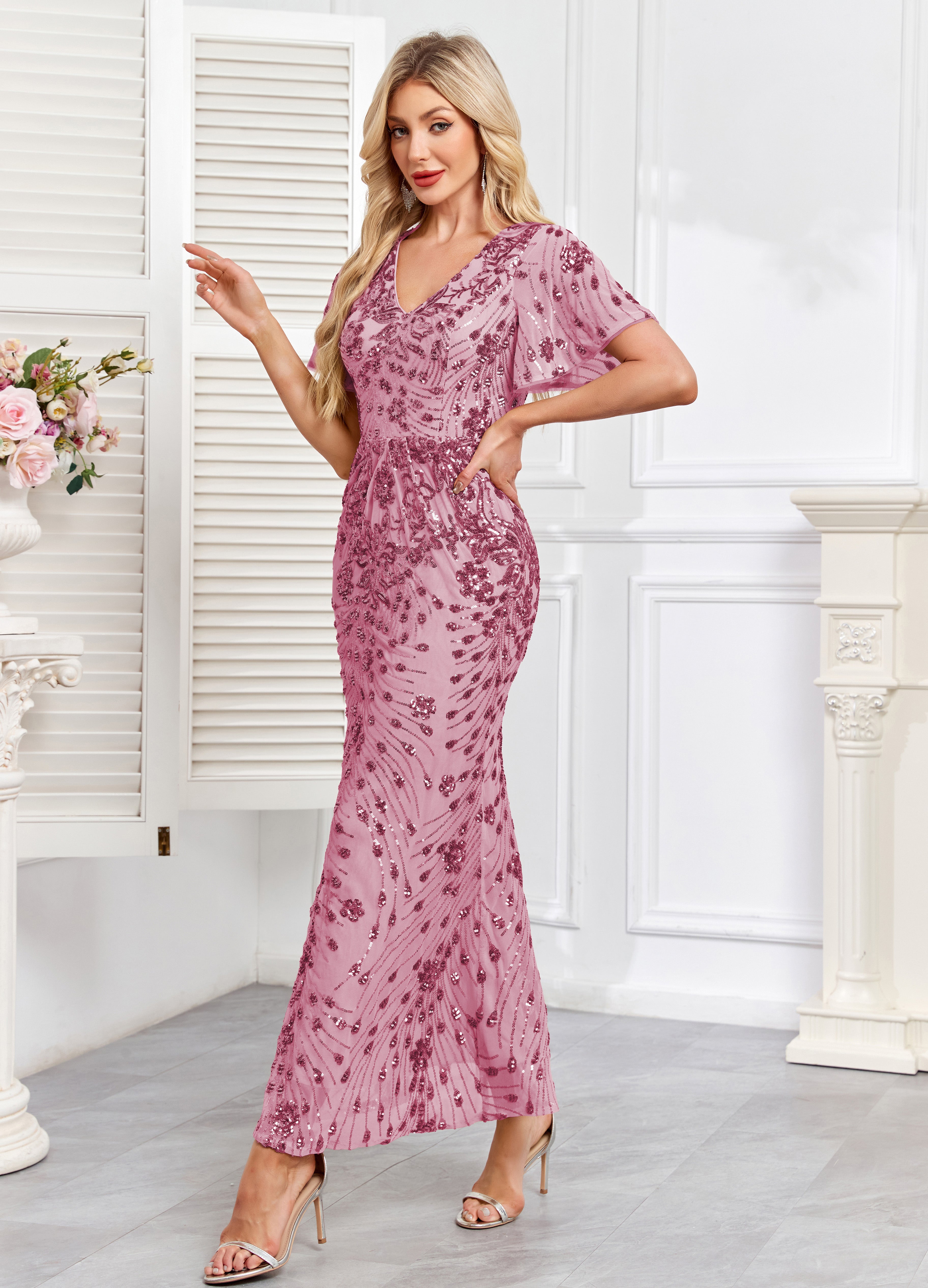Champagne Gold Sequin Short Sleeve V Neck Midi Mermaid Evening Dress