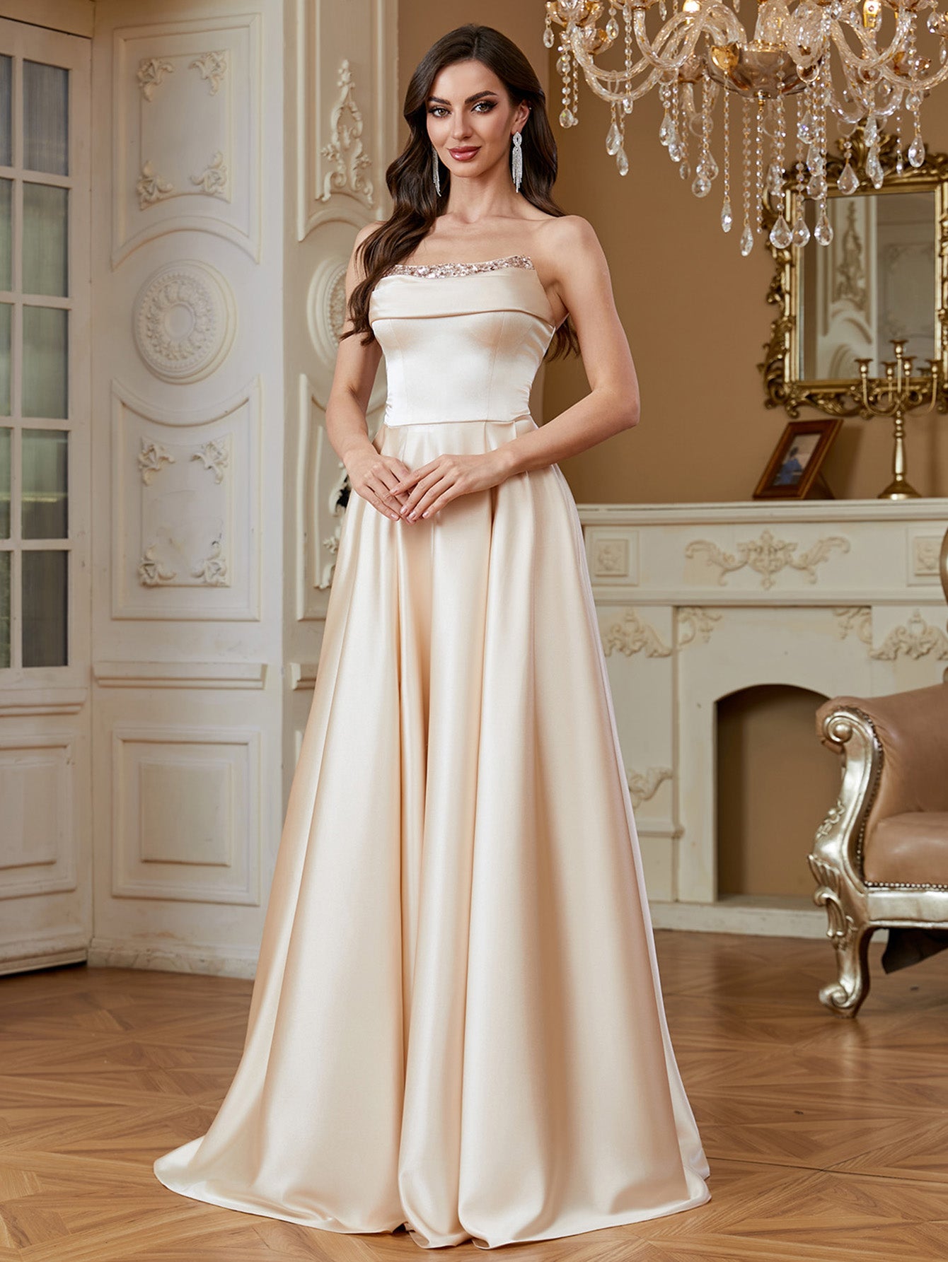Champagne Beaded Strapless A‑Line High Slit Satin Evening Gown