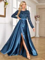 Teal Blue Sequin Satin Long Sleeve High Slit A-Line Evening Gown