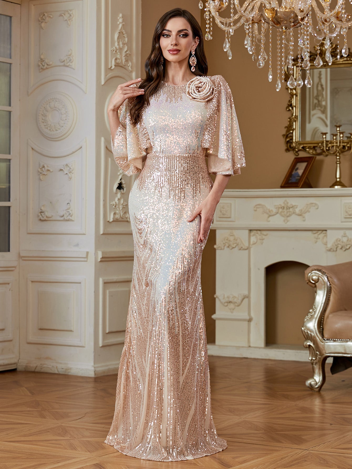 Champagne Gold 3D Flower Cape Sleeve Mermaid Evening Gown