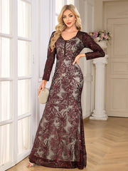 Burgundy Floral Sequin Long Sleeve Mermaid Evening Gown