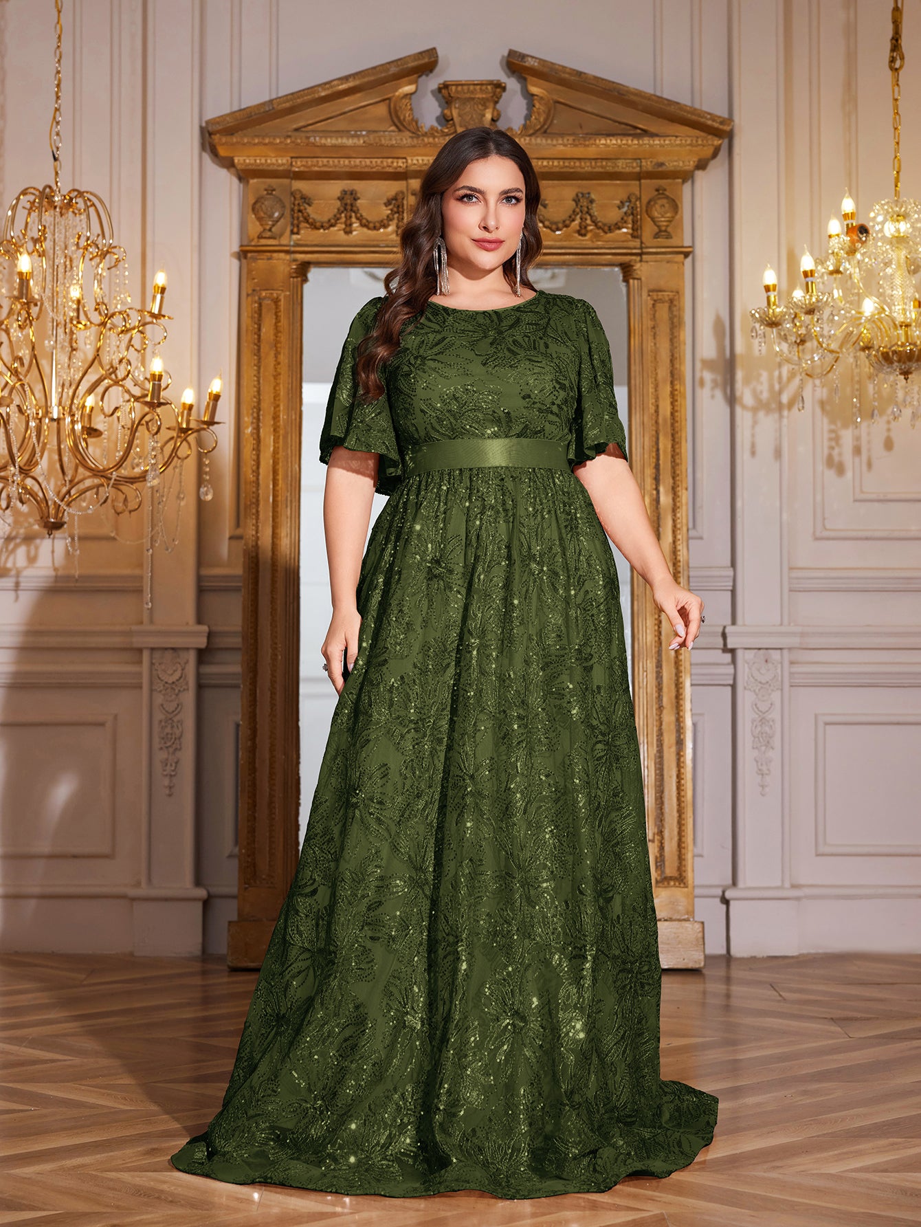 Rose Gold Sequin Flutter Sleeve Empire Waist A‑Line Plus Size Evening Gown